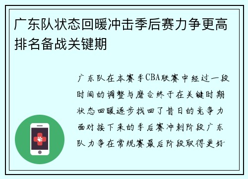 广东队状态回暖冲击季后赛力争更高排名备战关键期