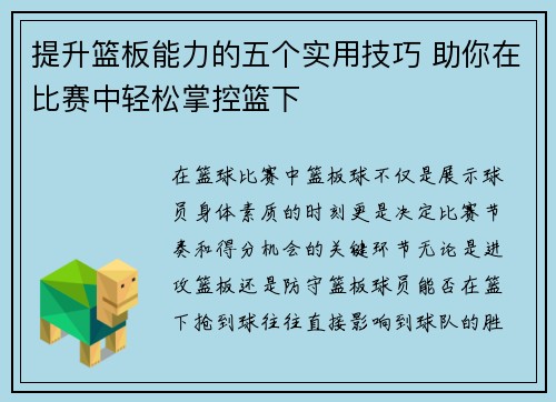 提升篮板能力的五个实用技巧 助你在比赛中轻松掌控篮下