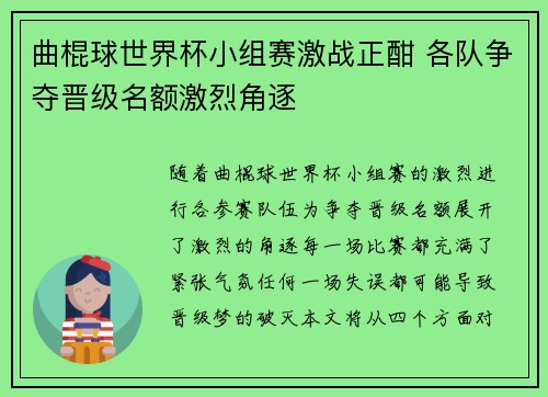 曲棍球世界杯小组赛激战正酣 各队争夺晋级名额激烈角逐 曲棍球世界杯小组赛激战正酣 各队争夺晋级名额激烈角逐