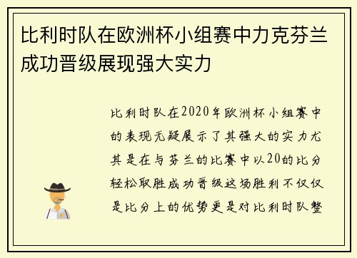 比利时队在欧洲杯小组赛中力克芬兰成功晋级展现强大实力