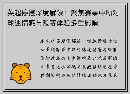 英超停摆深度解读：聚焦赛事中断对球迷情感与观赛体验多重影响