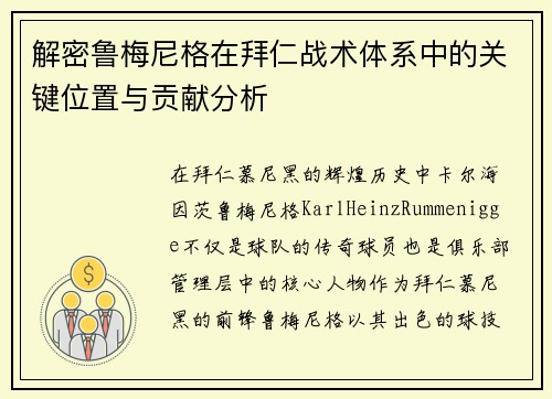 解密鲁梅尼格在拜仁战术体系中的关键位置与贡献分析 解密鲁梅尼格在拜仁战术体系中的关键位置与贡献分析